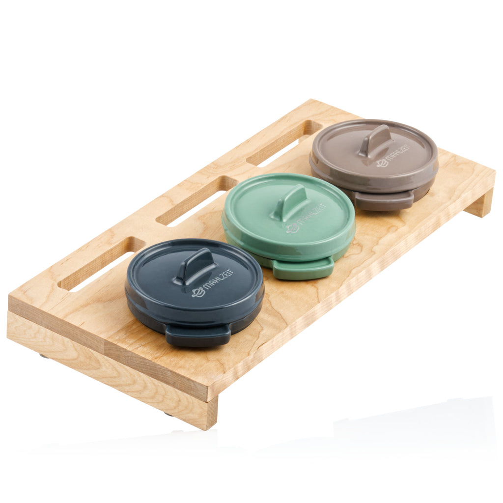 Cocotte, set of 3, 250ml each, cast iron, enamelled, incl. wooden stand