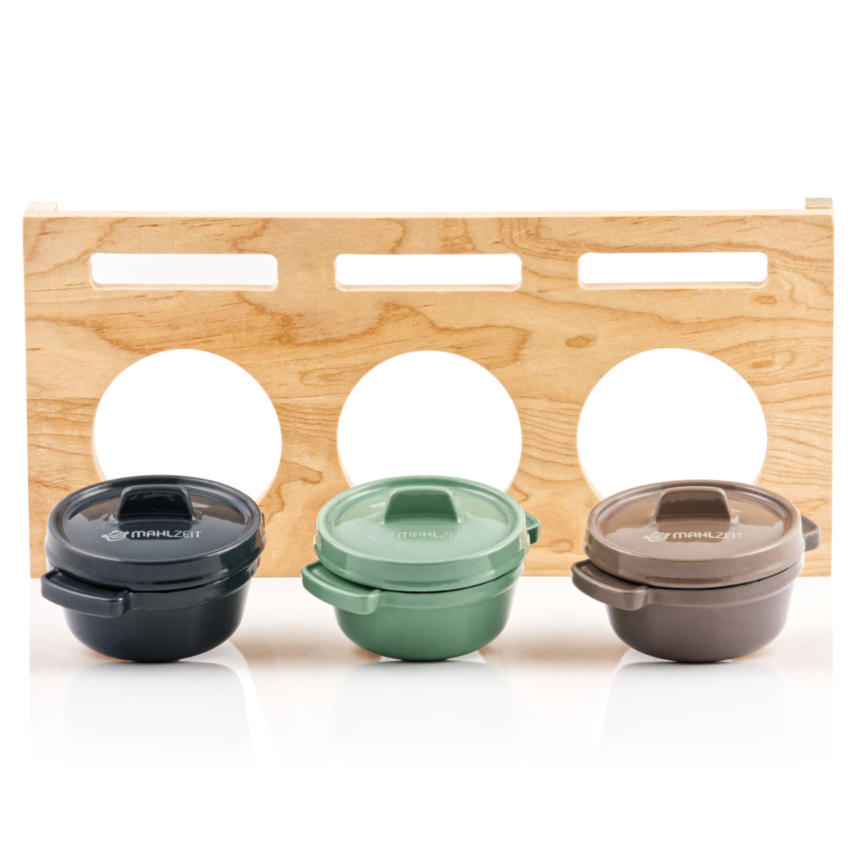 Cocotte, set of 3, 250ml each, cast iron, enamelled, incl. wooden stand