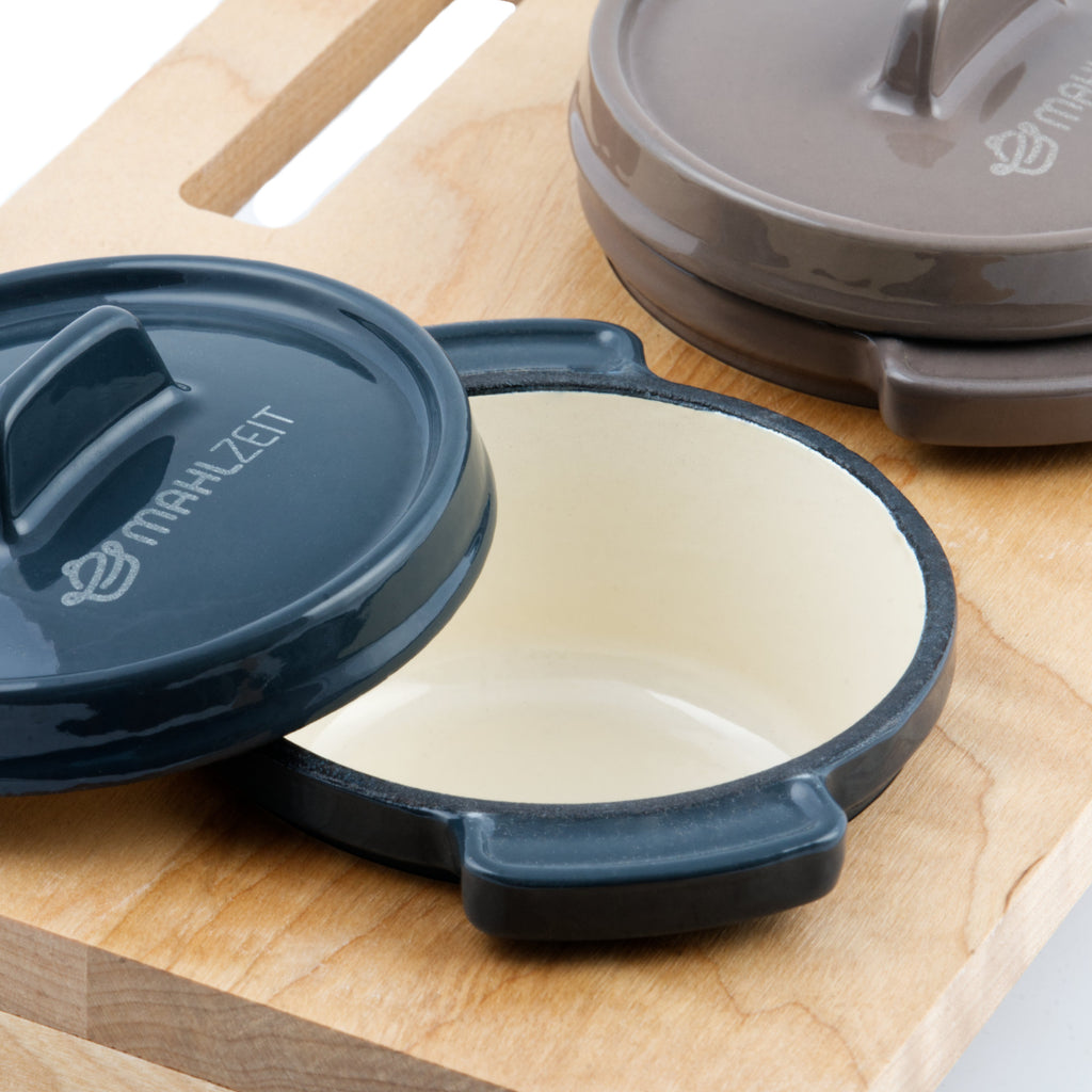 Cocotte, set of 3, 250ml each, cast iron, enamelled, incl. wooden stand