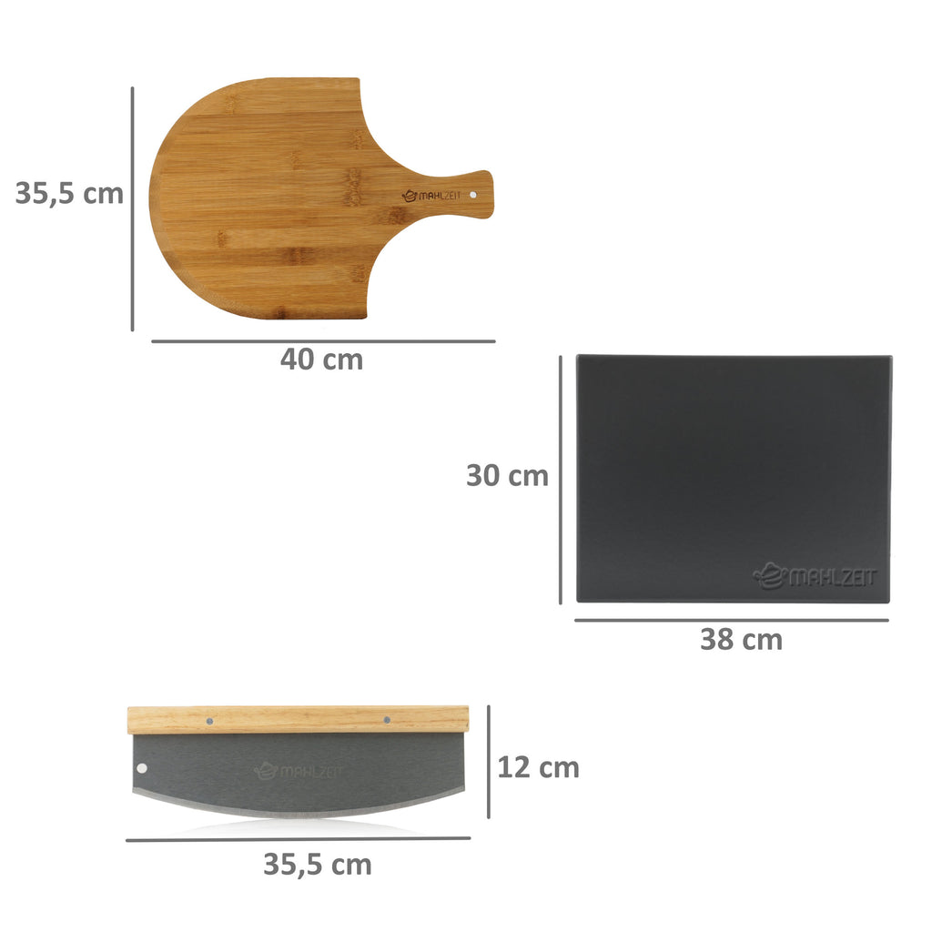Pizza Set, 3-piece, 38 x 30 cm pizza stone, incl. peel and cutter