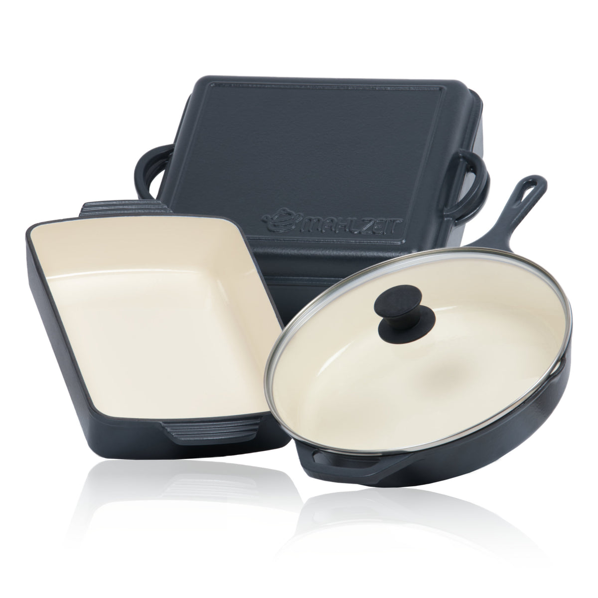 Set de cuisson, 3 pièces, fonte émaillée, couvercle de poêle inclus