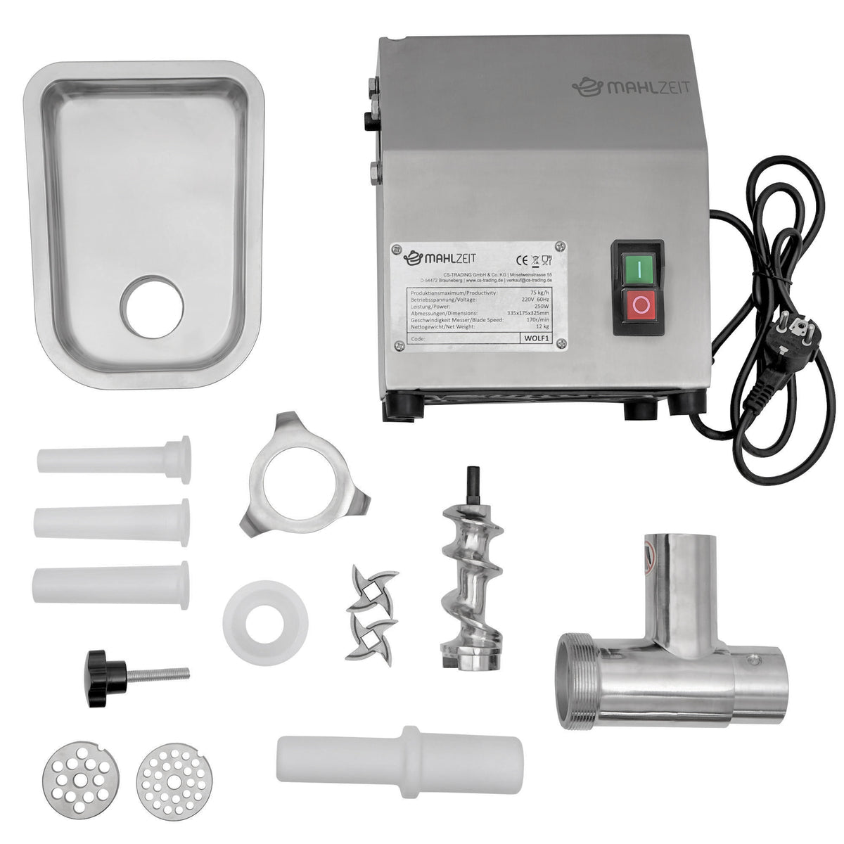 Meat grinder, electric, stainless steel, 250W - 75kg/h