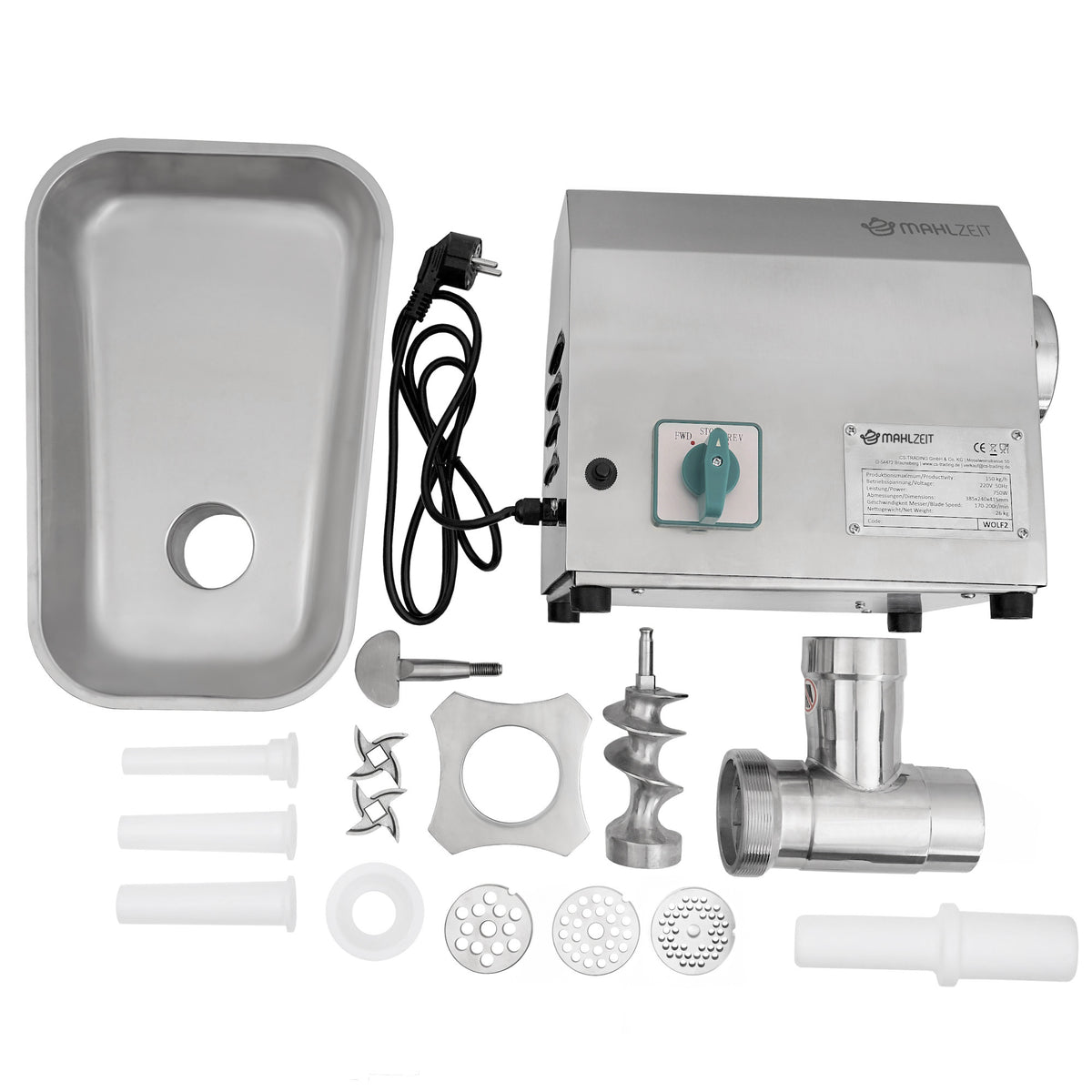 Meat grinder, electric, stainless steel, 750W - 150kg/h
