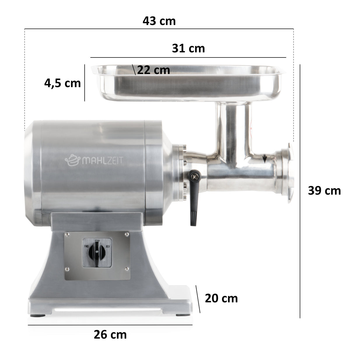 Electric meat grinder, stainless steel, 450W 75kg/h, incl. sausage stuffer attachments